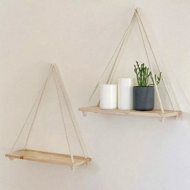 Beige Color Wooden Hanging Rope Shelf – Floating Wall Storage Decor