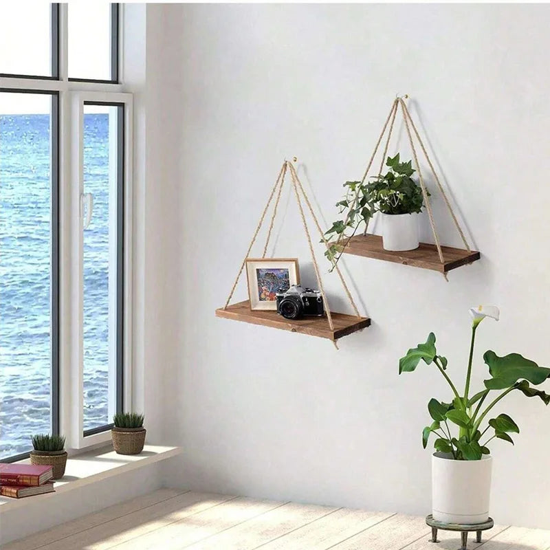 Wooden Hanging Rope Shelf – Floating Wall Storage Decor
