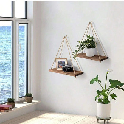 Wooden Hanging Rope Shelf – Floating Wall Storage Decor