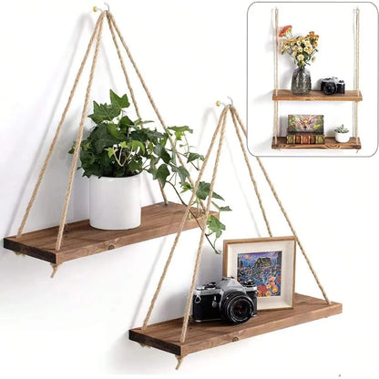 Brown Color Wooden Hanging Rope Shelf – Floating Wall Storage Decor