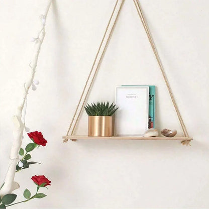 Wooden Hanging Rope Shelf – Floating Wall Storage Decor