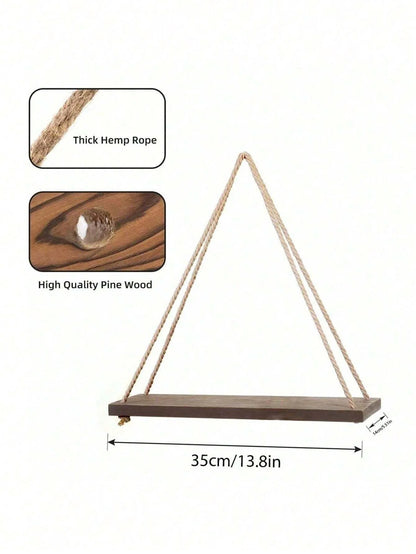 Wooden Hanging Rope Shelf – Floating Wall Storage Decor