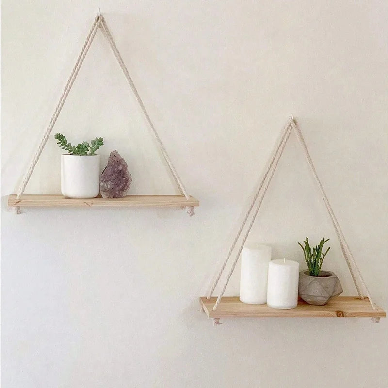 Wooden Hanging Rope Shelf – Floating Wall Storage Decor
