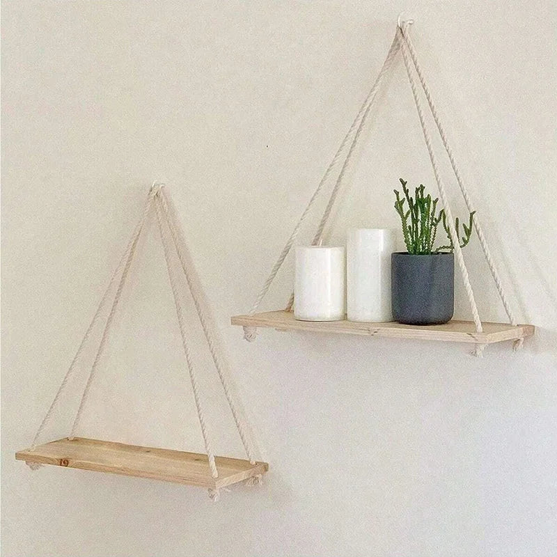 Wooden Hanging Rope Shelf – Floating Wall Storage Decor