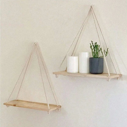 Wooden Hanging Rope Shelf – Floating Wall Storage Decor