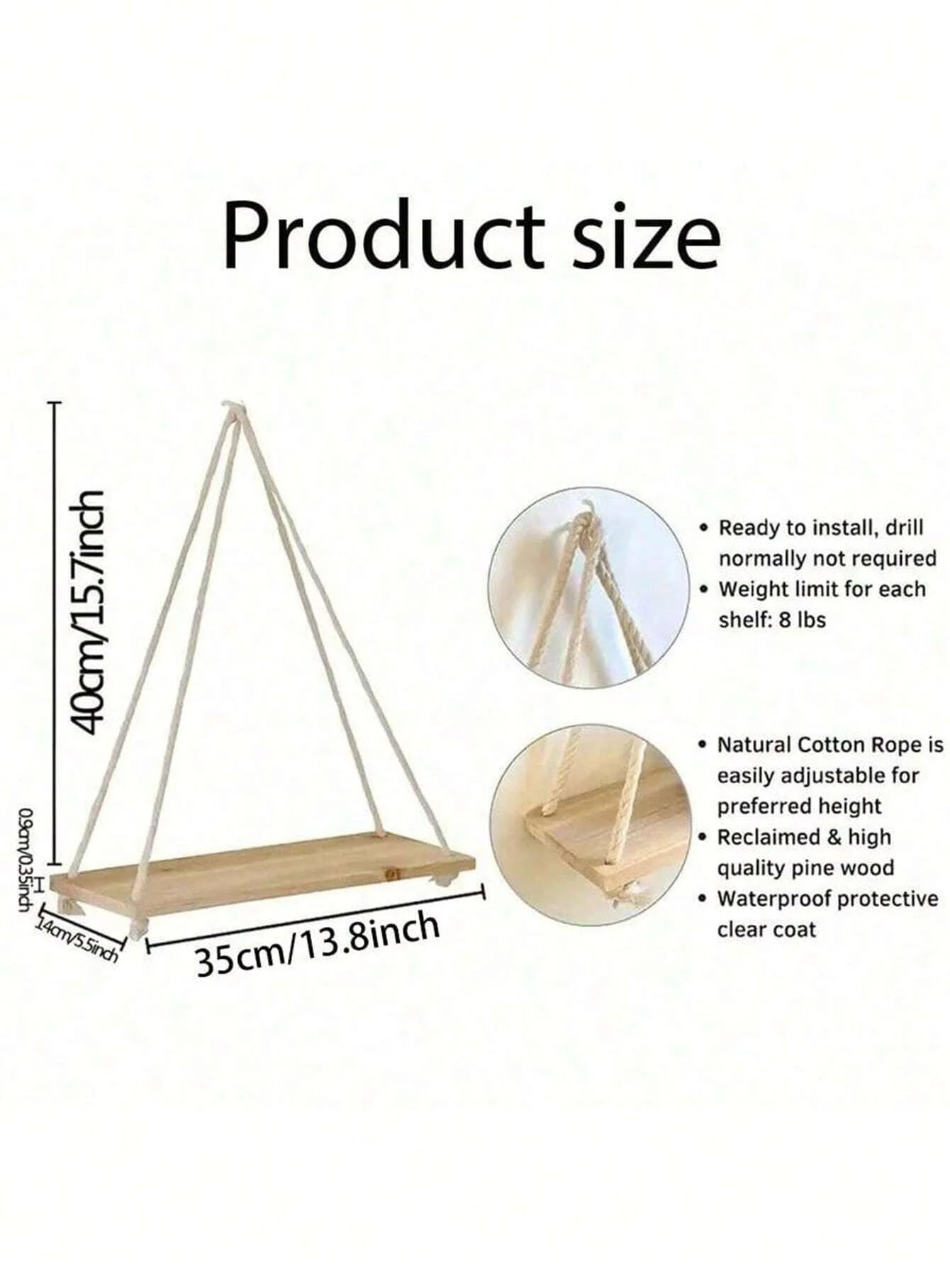 Wooden Hanging Rope Shelf – Floating Wall Storage Decor