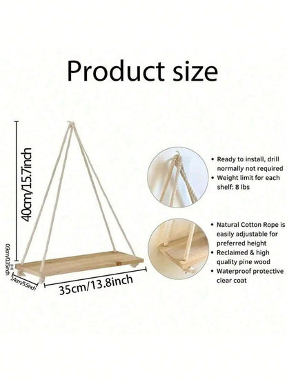 Wooden Hanging Rope Shelf – Floating Wall Storage Decor