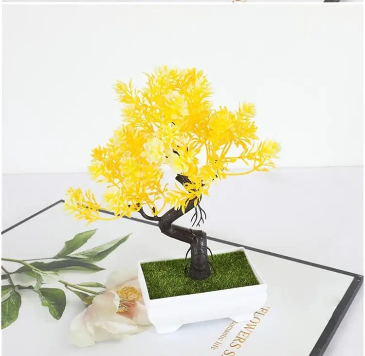 Yellow Color Artificial Bonsai Tree in Pot for Home Table Decor